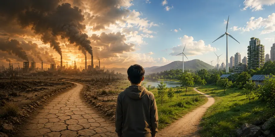 Seorang anak muda berdiri di persimpangan antara lanskap yang rusak akibat perubahan iklim dan lingkungan hijau berkelanjutan, melambangkan pilihan masa depan yang diwariskan kepada generasi berikutnya.