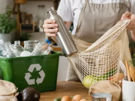 Seseorang menerapkan nol sampah sebagai gaya hidup dengan menggunakan tas belanja pakai ulang, botol minum isi ulang, dan wadah yang dapat digunakan kembali untuk mengurangi sampah plastik.