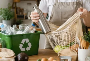Seseorang menerapkan nol sampah sebagai gaya hidup dengan menggunakan tas belanja pakai ulang, botol minum isi ulang, dan wadah yang dapat digunakan kembali untuk mengurangi sampah plastik.