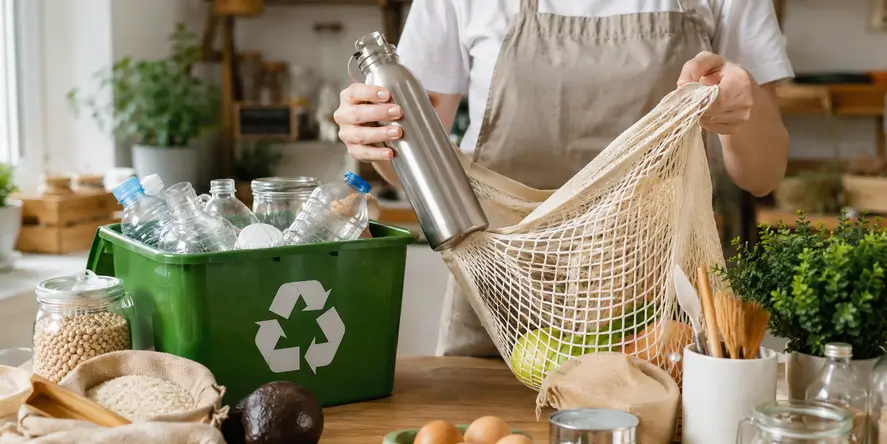 Seseorang menerapkan nol sampah sebagai gaya hidup dengan menggunakan tas belanja pakai ulang, botol minum isi ulang, dan wadah yang dapat digunakan kembali untuk mengurangi sampah plastik.