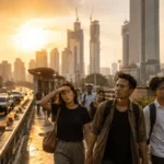 Seorang anak muda kelelahan akibat suhu panas ekstrem di tengah kota sebagai ilustrasi dampak penyebab perubahan iklim terhadap kehidupan perkotaan.