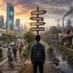 Ilustrasi perubahan sosial yang memperlihatkan kontras antara kota modern dengan teknologi maju dan kawasan yang masih menghadapi ketimpangan sosial serta pencemaran lingkungan.