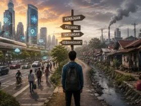 Ilustrasi perubahan sosial yang memperlihatkan kontras antara kota modern dengan teknologi maju dan kawasan yang masih menghadapi ketimpangan sosial serta pencemaran lingkungan.