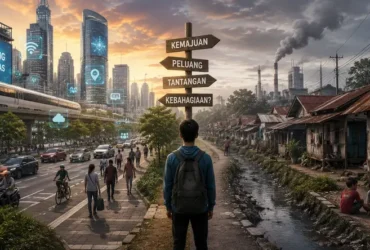 Ilustrasi perubahan sosial yang memperlihatkan kontras antara kota modern dengan teknologi maju dan kawasan yang masih menghadapi ketimpangan sosial serta pencemaran lingkungan