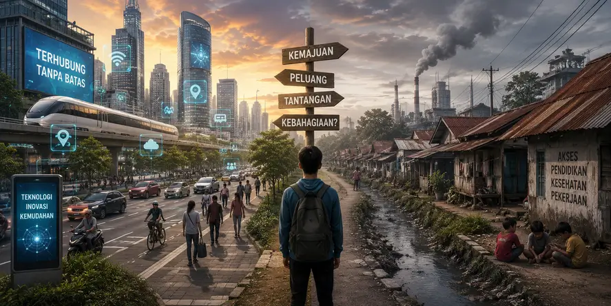Ilustrasi perubahan sosial yang memperlihatkan kontras antara kota modern dengan teknologi maju dan kawasan yang masih menghadapi ketimpangan sosial serta pencemaran lingkungan.