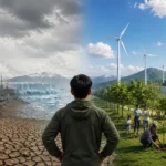 Ilustrasi kontras antara kawasan industri dengan emisi tinggi dan lingkungan berkelanjutan yang memanfaatkan energi terbarukan sebagai gambaran tanggung jawab terhadap perubahan iklim.