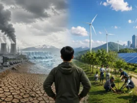 Ilustrasi kontras antara kawasan industri dengan emisi tinggi dan lingkungan berkelanjutan yang memanfaatkan energi terbarukan sebagai gambaran tanggung jawab terhadap perubahan iklim.