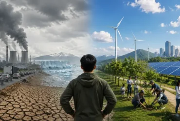 Ilustrasi kontras antara kawasan industri dengan emisi tinggi dan lingkungan berkelanjutan yang memanfaatkan energi terbarukan sebagai gambaran tanggung jawab terhadap perubahan iklim