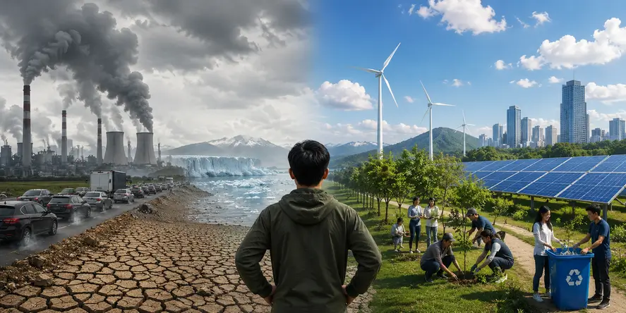 Tanggung Jawab Bersama dalam Menghadapi Perubahan Iklim Perubahan Iklim Ilustrasi kontras antara kawasan industri dengan emisi tinggi dan lingkungan berkelanjutan yang memanfaatkan energi terbarukan sebagai gambaran tanggung jawab terhadap perubahan iklim