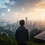 Ilustrasi seorang pria memandang kota modern dengan latar energi terbarukan, melambangkan perubahan iklim, teknologi, ekonomi, dan geopolitik yang saling terhubung.