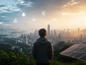 Ilustrasi seorang pria memandang kota modern dengan latar energi terbarukan, melambangkan perubahan iklim, teknologi, ekonomi, dan geopolitik yang saling terhubung.