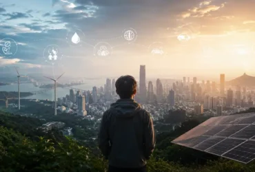 Ilustrasi seorang pria memandang kota modern dengan latar energi terbarukan, melambangkan perubahan iklim, teknologi, ekonomi, dan geopolitik yang saling terhubung.