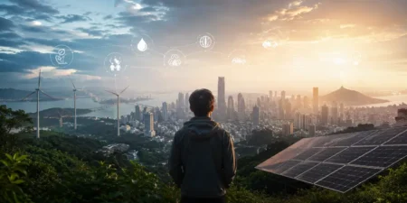 Ilustrasi seorang pria memandang kota modern dengan latar energi terbarukan, melambangkan perubahan iklim, teknologi, ekonomi, dan geopolitik yang saling terhubung.