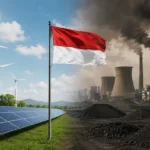 Ilustrasi realistis transisi energi Indonesia yang memperlihatkan kontras antara pembangkit listrik tenaga surya dan turbin angin dengan pembangkit listrik berbahan bakar batu bara yang menghasilkan emisi.