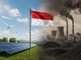 Ilustrasi realistis transisi energi Indonesia yang memperlihatkan kontras antara pembangkit listrik tenaga surya dan turbin angin dengan pembangkit listrik berbahan bakar batu bara yang menghasilkan emisi.