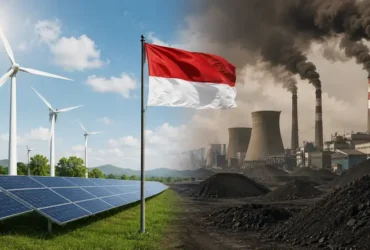 Ilustrasi realistis transisi energi Indonesia yang memperlihatkan kontras antara pembangkit listrik tenaga surya dan turbin angin dengan pembangkit listrik berbahan bakar batu bara yang menghasilkan emisi.