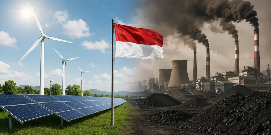 Ilustrasi realistis transisi energi Indonesia yang memperlihatkan kontras antara pembangkit listrik tenaga surya dan turbin angin dengan pembangkit listrik berbahan bakar batu bara yang menghasilkan emisi.