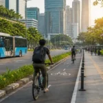 Transportasi berkelanjutan di kawasan perkotaan dengan bus listrik, jalur sepeda, dan pejalan kaki sebagai bagian dari mobilitas rendah emisi.