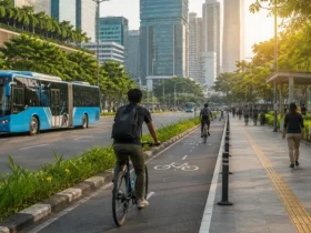 Transportasi berkelanjutan di kawasan perkotaan dengan bus listrik, jalur sepeda, dan pejalan kaki sebagai bagian dari mobilitas rendah emisi.