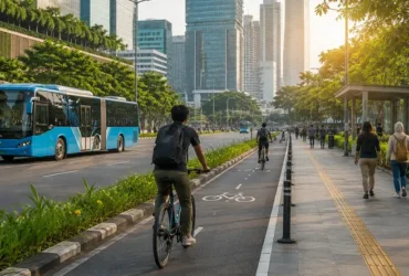 Transportasi berkelanjutan di kawasan perkotaan dengan bus listrik jalur sepeda dan pejalan kaki sebagai bagian dari mobilitas rendah emisi