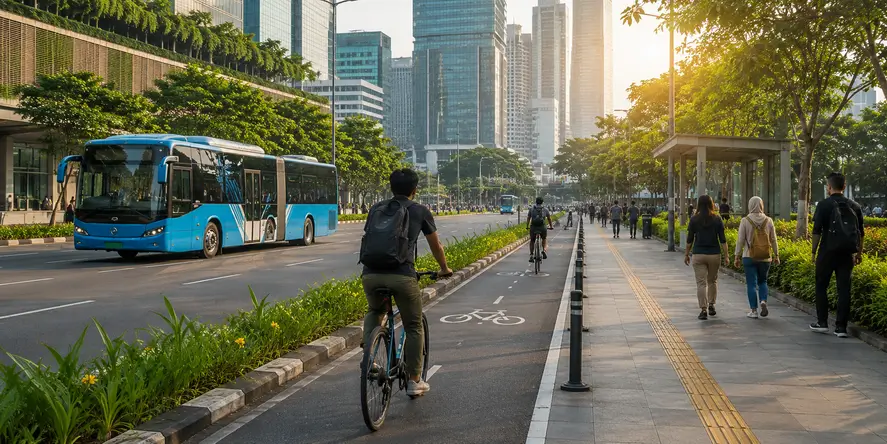 Transportasi berkelanjutan di kawasan perkotaan dengan bus listrik, jalur sepeda, dan pejalan kaki sebagai bagian dari mobilitas rendah emisi.